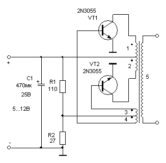 Простой самодельный инвертор напряжения 12-220В на двух транзисторах