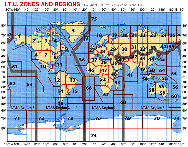 Карта мира. Зоны ITU.